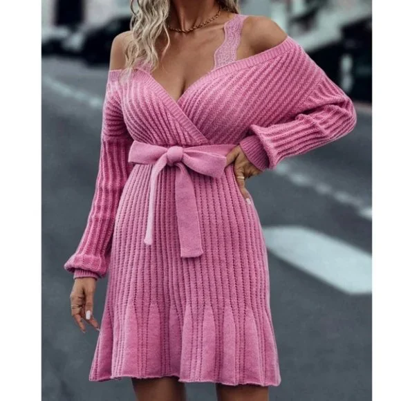 Lace Detailed Cold Shoulder Long sleeve Belted Sweater Dress Pink - Picture 2 of 9